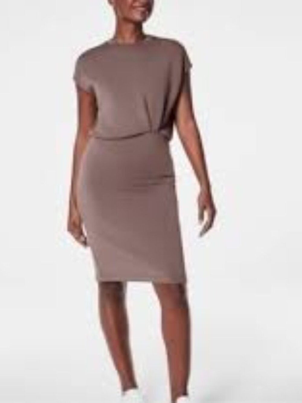 SPANX AirEssentials Faux Tuck Gathered Waist Dress Taupe Size S NWT